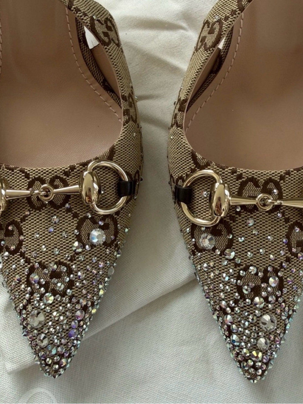 Gucci Beige GG Canvas Crystal-Embellished Slingback Pumps - Picture 2 of 7